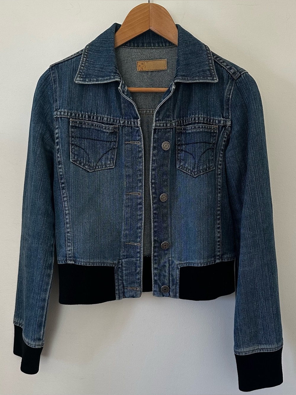 Vintage Denim Jacket with black ribbed waist and cuffs, size small